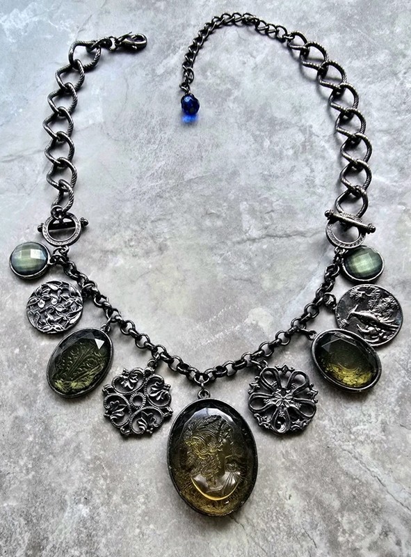 Lovely! 1928 Signed Ornate Victorian Charm Necklace Cameo Pendant Antique Repro 