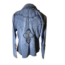 Y2K Casagano Embroidered Western Denim Jacket Rhinestone Cross Details Large