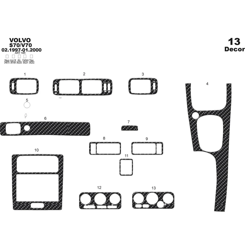 Kit de molduras de tablero de aspecto de madera para Volvo S70 / V70 1997-2003 Kit de molduras de panel Foto 4 de 4