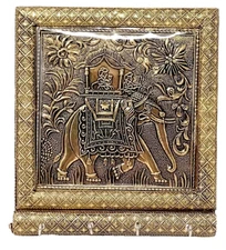 Elephant Meenakari Gold Wall Plaque Key Hooks Holder Ethnic Indian Hanging Decor