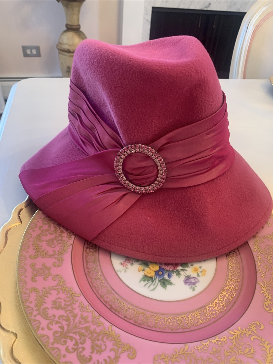 Orit Parente Milinery Hat Pink Rhinestone Brooch Satin Sash  display picture 3