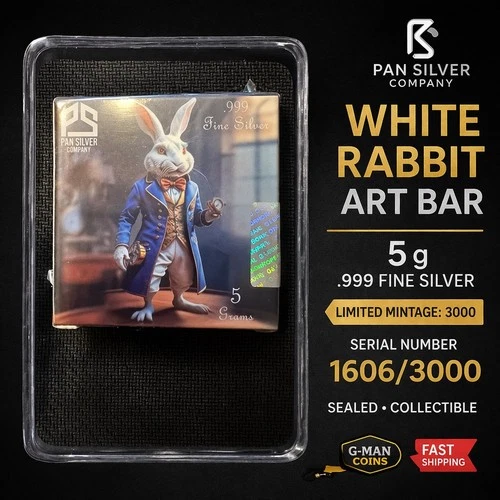PAN Silver 5g .999 Fine Silver Art Bar White Rabbit Sealed #1606/3000 Limited
