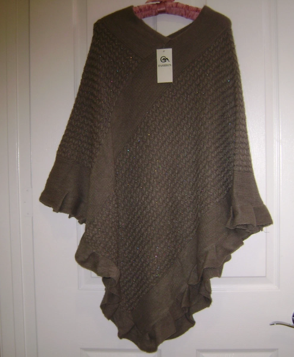 GM Fashion Poncho, Taupe w/Sparkle Multicolor Thread, Acrylic, One Size New Tags