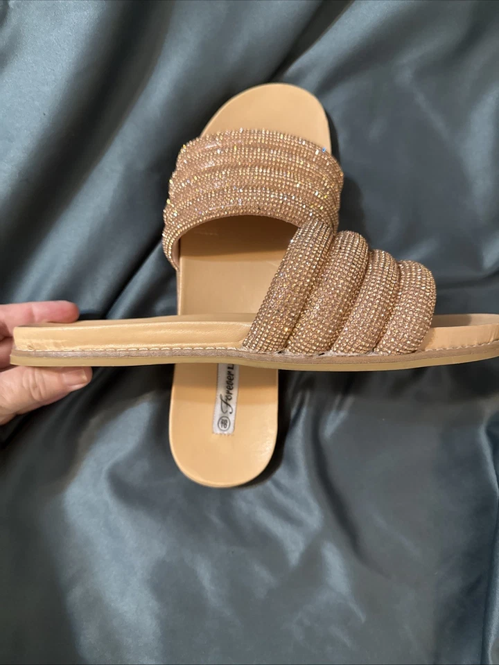 Sandalias planas Forever Link suaves rosa estrás brillo sin cordones talla 8,5 Foto 4 de 4