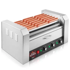 Commercial Electric 18 Hot Dog 7 Roller Grill Cooker Machine with Bun Warmer