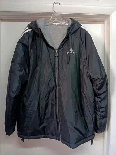 Adidas Reversible Full Zip Jacket Hoodie Lg Logo Black Gray Men's Sz Large