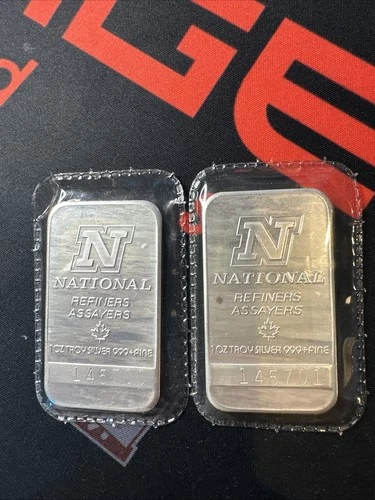 (2) Bar Lot Vintage 1 Troy Oz .999 Fine Silver National Refiners Sealed 00/01