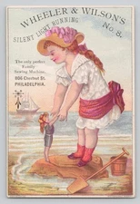 Wheeler & Wilson Sewing Machine Giant Girl Greets Tiny Lady At Beach Trade Card