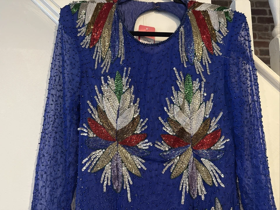 Vestido Largo Vintage Años 80 Azul Real Seda Cuentas Lentejuelas Mediano ¡Impresionante!! Foto 3 de 4