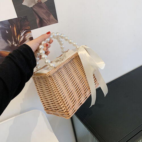 Vintage Damen Rattan Gewebte Tragetaschen Strand Perle Mini Korb Handtasche (B) - Bild 6 von 12