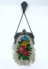 Charming Antique Micro Beaded Chatelaine Purse w Sterling Frame Matching Clip