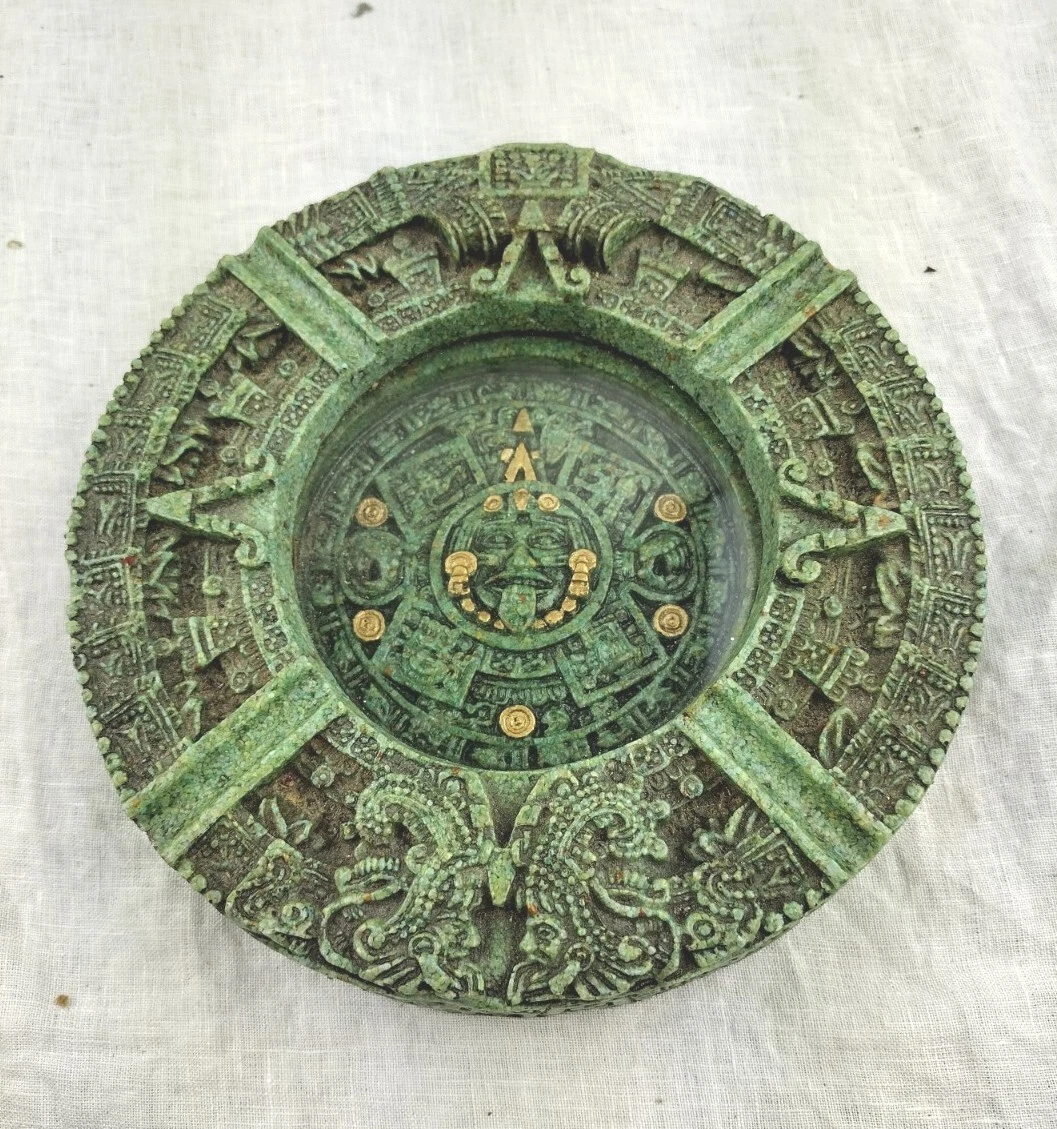 Vintage Antique Ashtray Jade Malachite Green Aztec Mayan Calendar Felt Back  | eBay