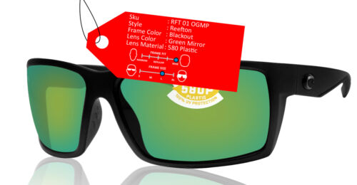 Costa Del Mar Reefton Blackout Frame Green Mirror 580P Plastic Polarized Lens - Afbeelding 1 van 8