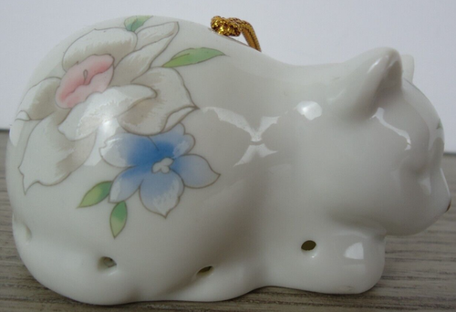 VTG Pastel Floral Ceramic Kitty Cat Figurine Potpourri Ornament Japan Spring 80s