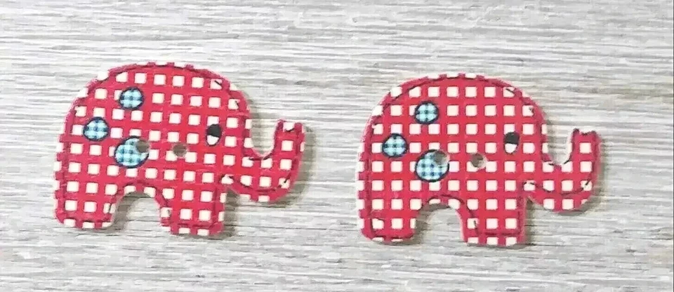 elephant jungle wood buttons sewing 2 holes 1 1/8 inch blue red 2pc set - Image 2 of 2