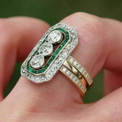 Art Deco Three-Stone Lab Created Diamond Wedding Engagement 925 Silver Ring Set