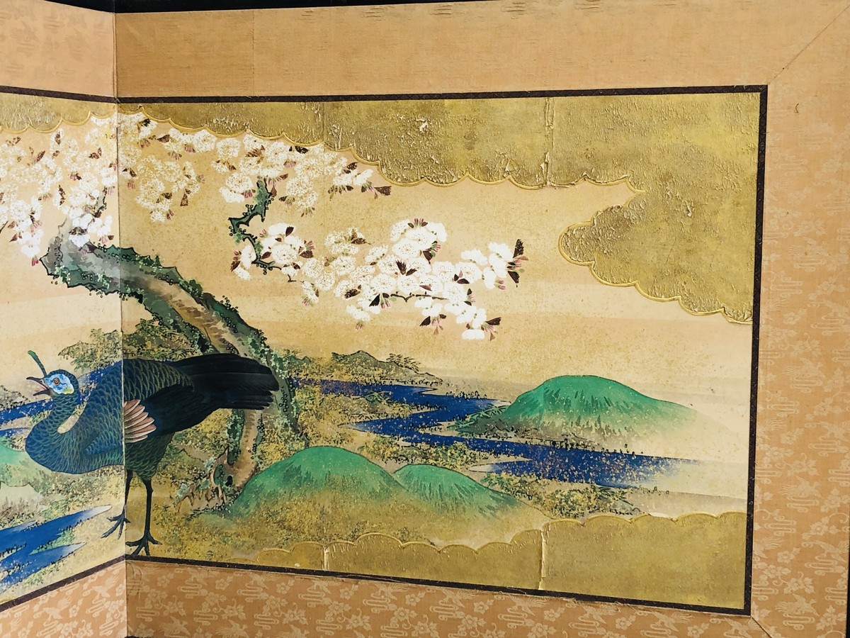 Y4936 BYOUBU folding screen cherry blossoms peacock Japan antique