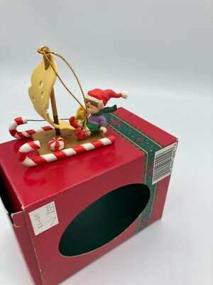 Rare CHRISTMAS TRADITIONS COLLECTIBLE ORNAMENTS Elf Sailing on Homemade Raft