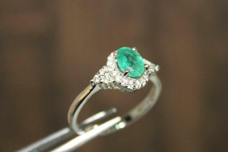 Emerald Engagement Ring 0.9 Ct Genuine Emerald Promise Ring Silver Emerald Ring - Image 3 of 4