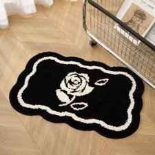 Black White Rose Pattern Bathroom Rug Absorbent QuickDrying NonSlip Mat