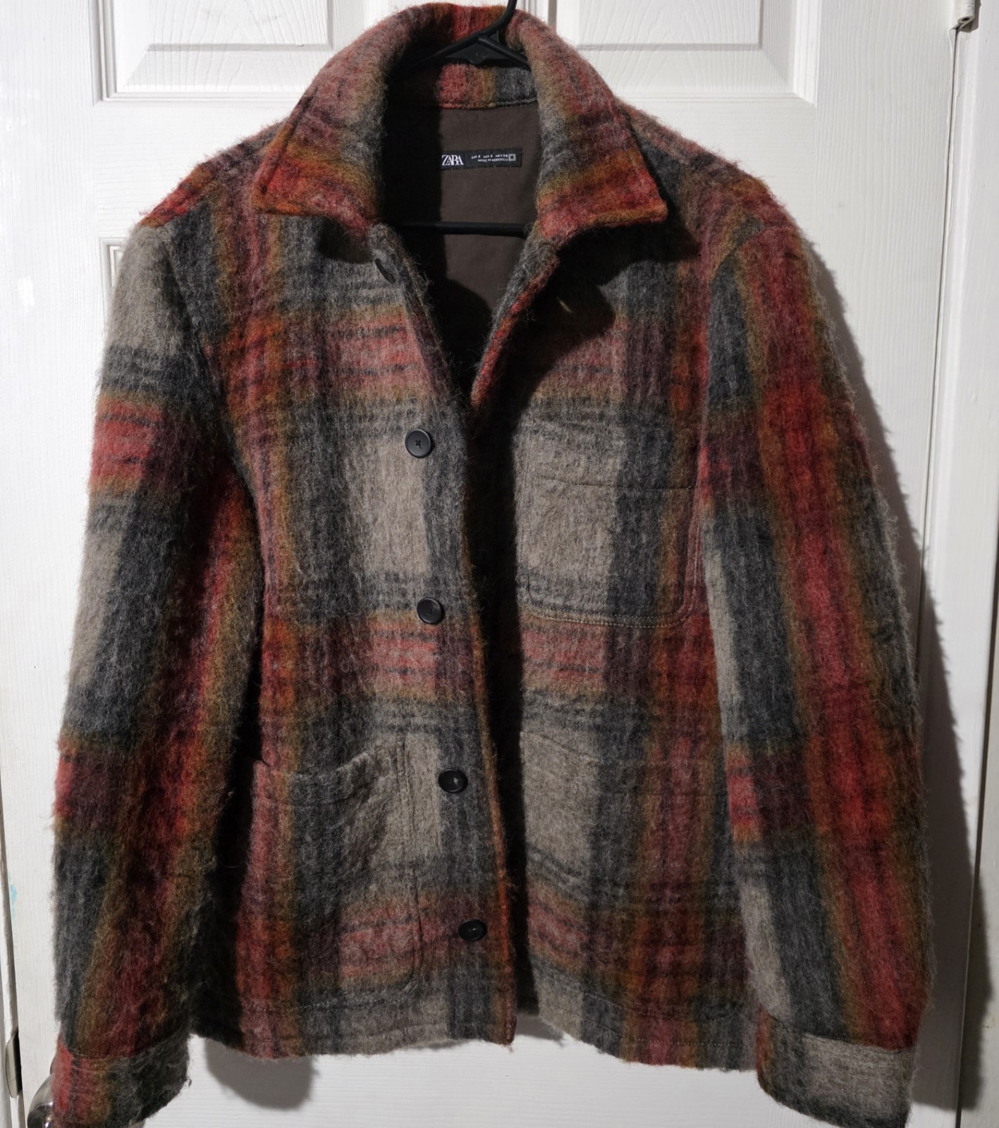 ZARA Plaid Button Collared Lined Jacket Gray Red … - image 1