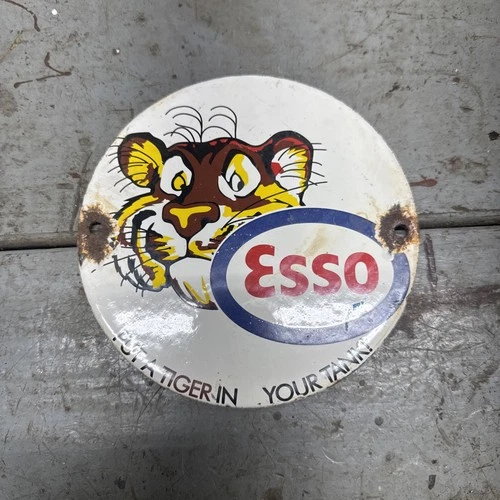 VINTAGE ESSO PORCELAIN SIGN OLD GAS PUMP PLATE ENGINE OIL TIGER DIECUT 6”  SIGN