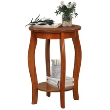2-Tier Round End Table Narrow Sofa Side Nightstand w/ Storage Shelf & Wood Legs