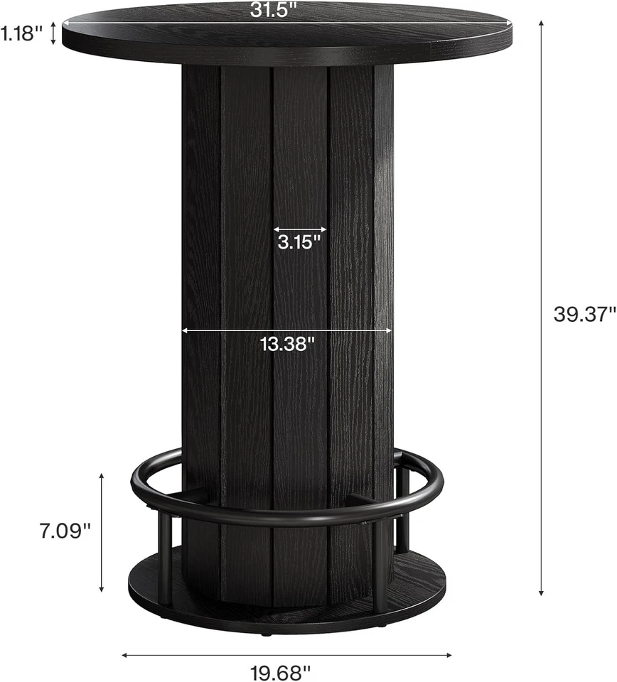 Round Bar Table, 39.4" H Wood Bistro Pub Table with Metal Ring Footrest, Black - Image 3 of 4