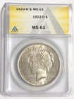 1922 D PEACE "ANACS MS61 - KEY/BETTER DATE PEACE, UNIQUE METTALLIC TONING OBV✅