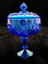 Vintage Fenton Glass Colonial Blue Cabbage Rose Pedestal Covered Candy Dish 