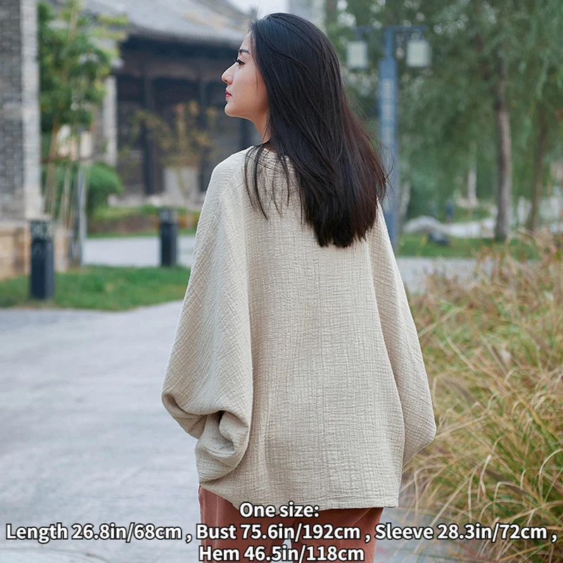 Femme Coton Lin Chemise Chauve-Souris T-Shirt Chemisier Pantalon Baggy Rétro - Photo 2/4