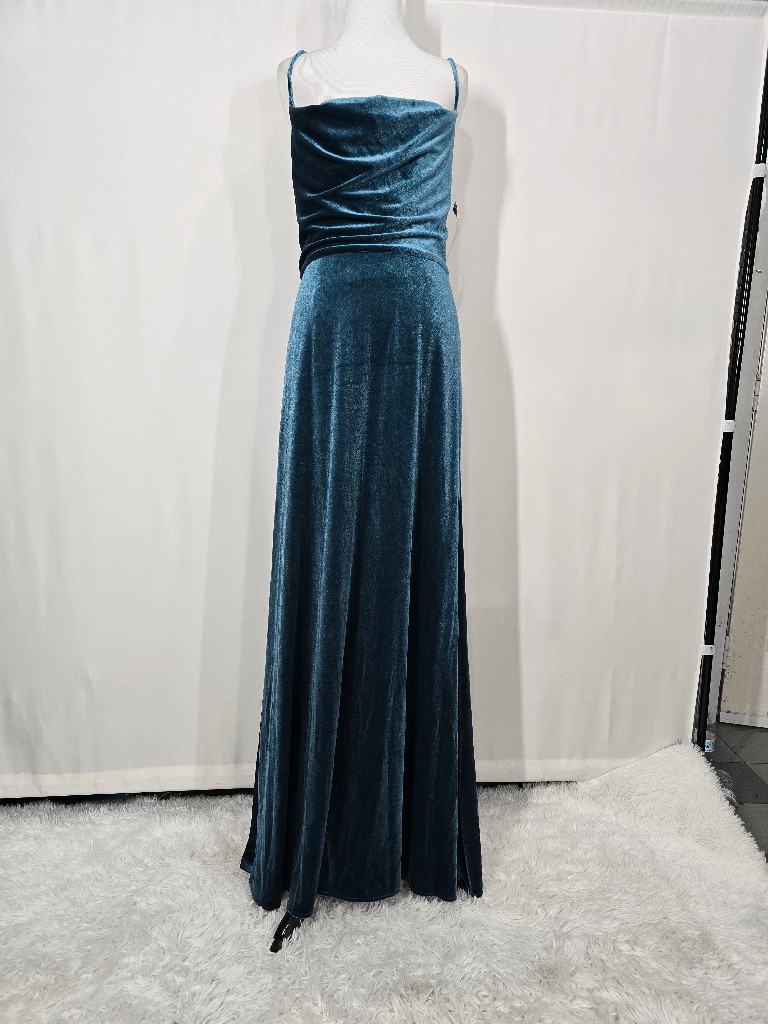 After Six Style 1541 Dutch Blue Lux Velvet Cowl-Neck Maxi Dress