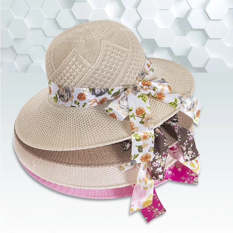 Ladies Women Sun Hat Straw Spring Summer Floppy Beach Wide Brim Foldable  Bowknot