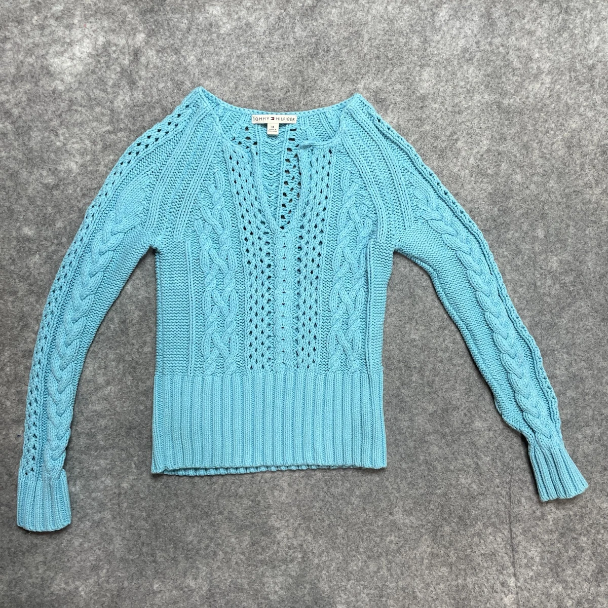 Vintage Tommy Hilfiger Sweater Womens Medium Blue Pullover Cable Knit Y2K