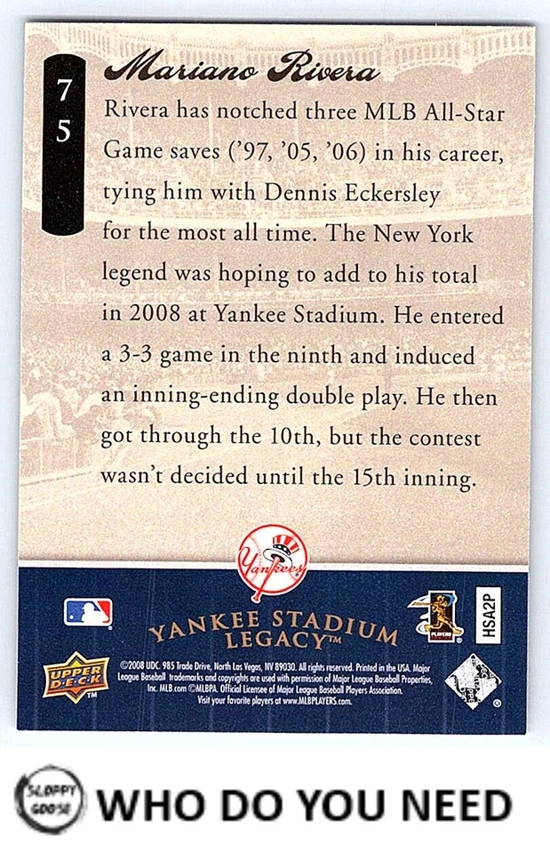 Mariano Rivera  2008 UD Yankee Stadium Legacy final season box set #75 - Image 2 of 2