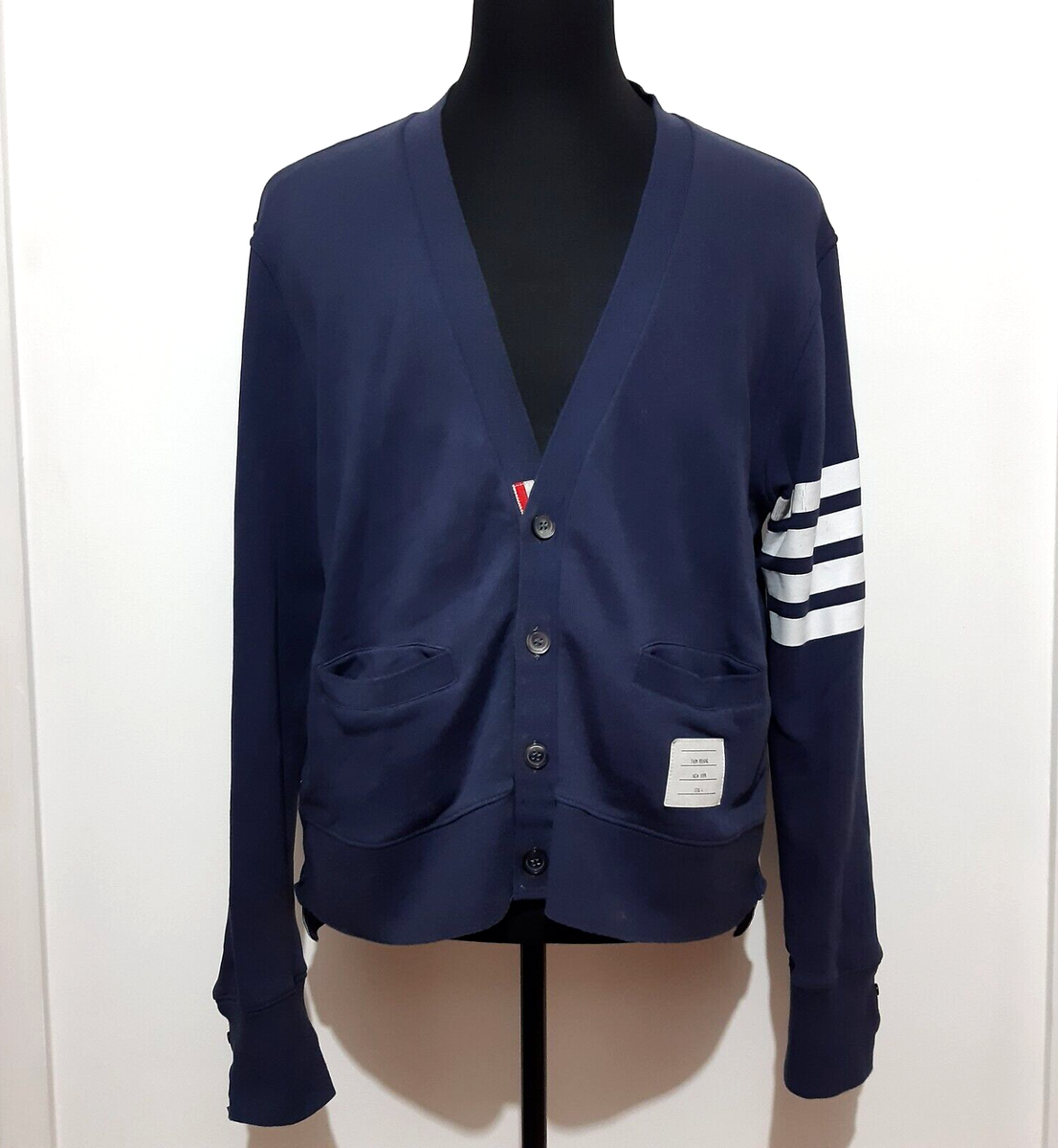 Thom Browne Cardigan Mens Navy Blue 4 Bar Stripe New York Thom Browne Cardigan Mens Navy Blue 4 Bar Stripe New York