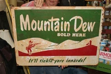 Large Vintage Mountain Dew Sold Here Hillbilly Gun Soda Pop 30"x22" Metal Sign