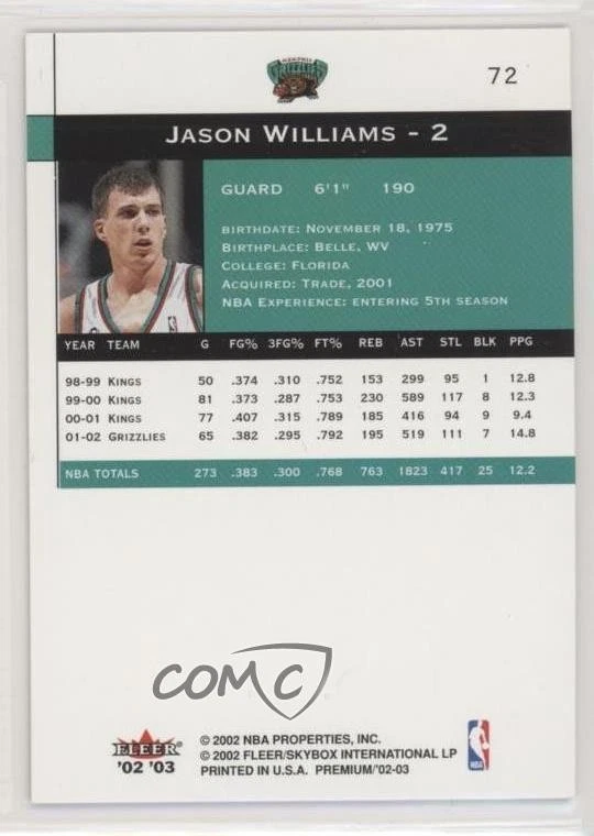 2002-03 Fleer Premium Jason Williams #72 - Image 2 of 2