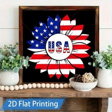 Vintage USA Sunflower Wooden Plaque 4th of July Patriotic American Flag Decor