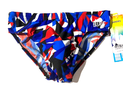 New RISE AQUATICS Mens Red Wht Blue Swim Brief Racer Swimsuit sz 32 Speedo Style