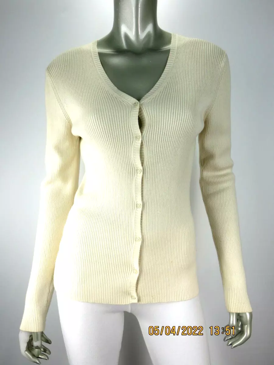 OLD NAVY SZ M 100 Cotton Antique White V Neck Ribbed Cardigan Sweater