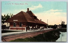 C & N W Depot People Horse Wagons Approaching Train Ripon WI C1910s Postcard W7