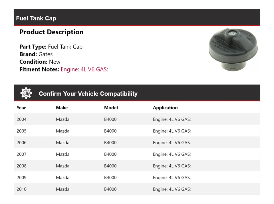 For 2004-2010 Mazda B4000 4L V6 GAS Fuel Tank Cap Gates 2005 2006 2007 2008 2009 - Image 2 of 4