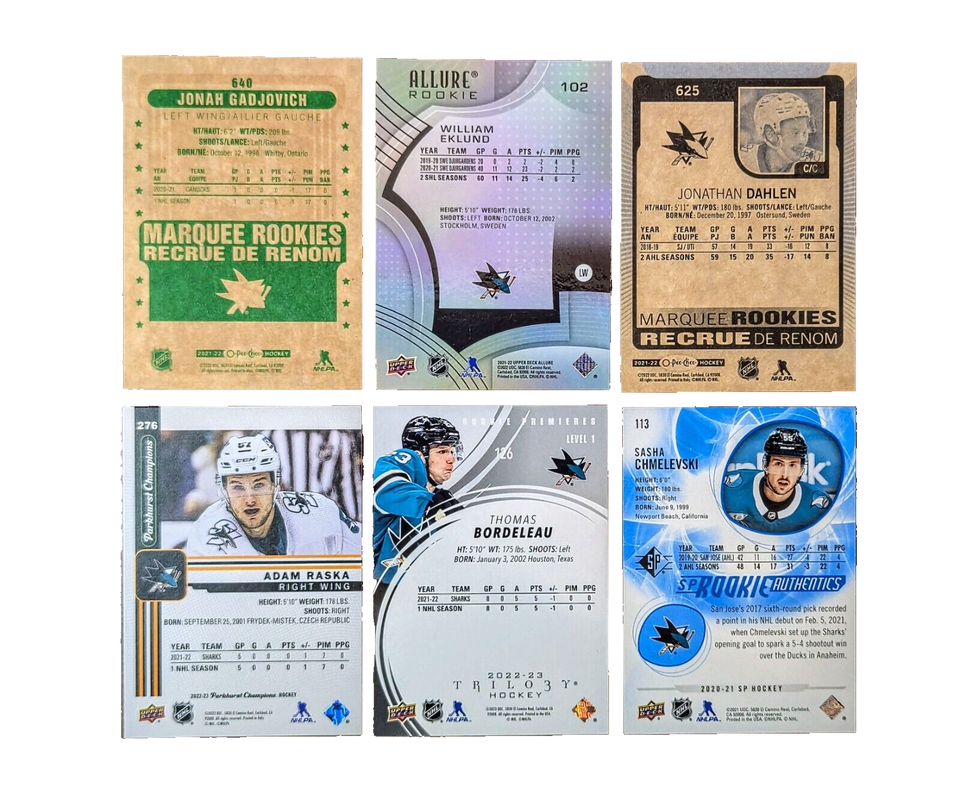 San Jose Sharks Rookie Lot Bordeleau /999 Trilogy, Eklund Allure