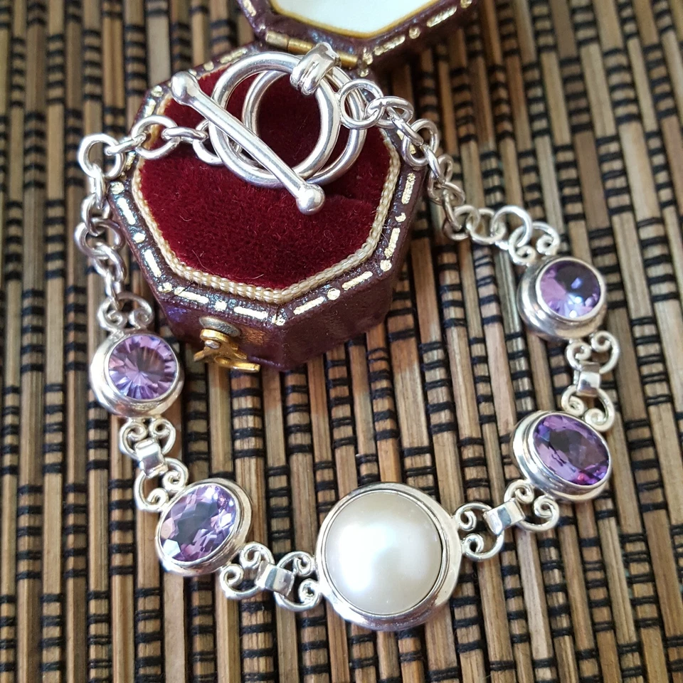 Brazalete de tenis de plata de ley 925, perla grande de agua dulce y amatista, 7,4" Foto 2 de 4