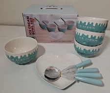 Chef Counter 9 Piece Ice Cream Bowl Spoon Set W/ Treat Plate Blue/ White