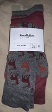 3 PR Crew Socks Goodfellow  Co Size 7-12 Burgundy/Gray Deer/Variety Pattern NEW