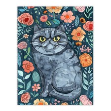 Grumpy Blue Exotic Shorthair Cat Floral Portrait Wall Art Poster Print