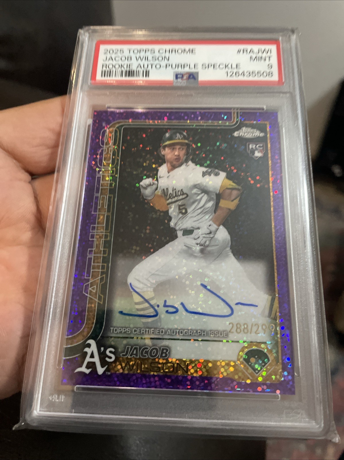 2025 TOPPS CHROME ROOKIE AUTO PURPLE SPECKLE JACOB WILSON ROOKIE RC /299 PSA 9