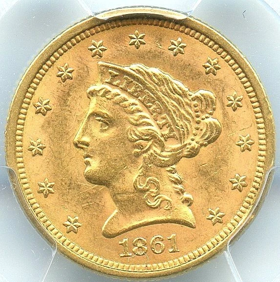 1861 $2.50 Gold Quarter Eagle, PCGS MS63, Old Reverse, Very Nice, Free Shipping!